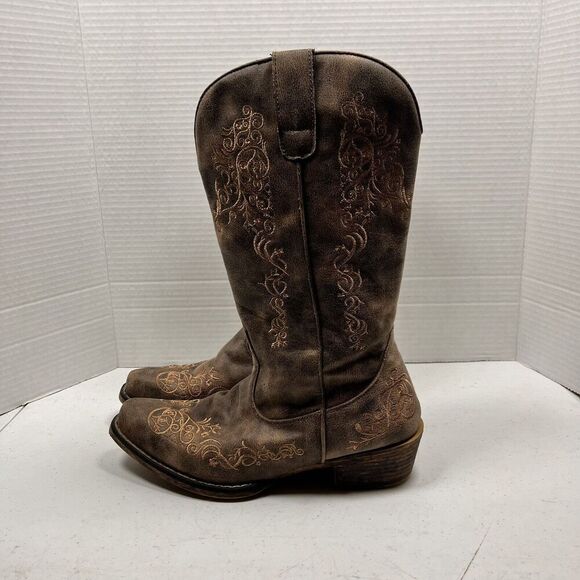 Roper Riley Scroll Embroidery Snip Toe Cowboy Womens Brown Casual Boots sz 8 - Picture 3 of 7